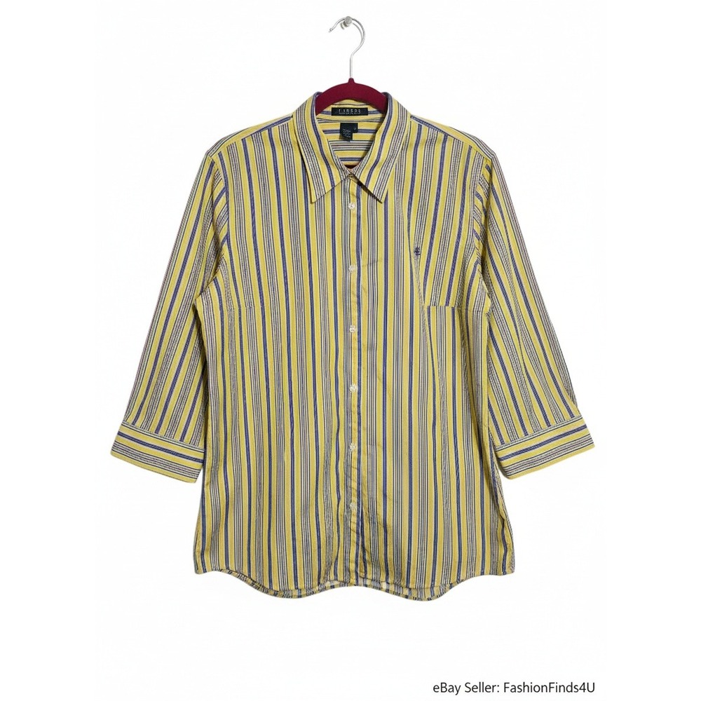 LAUREN Ralph Lauren Yellow Blue Striped 3/4 Sleeve Button Up Shirt Women's M